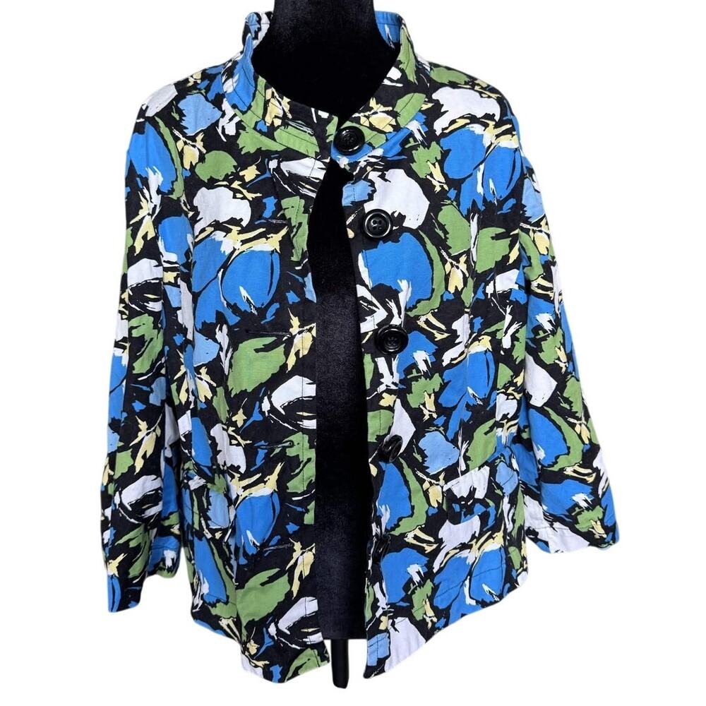 Charter Club Bold Abstract Floral Chino Jacket Blue Green Art Teacher Mod Large